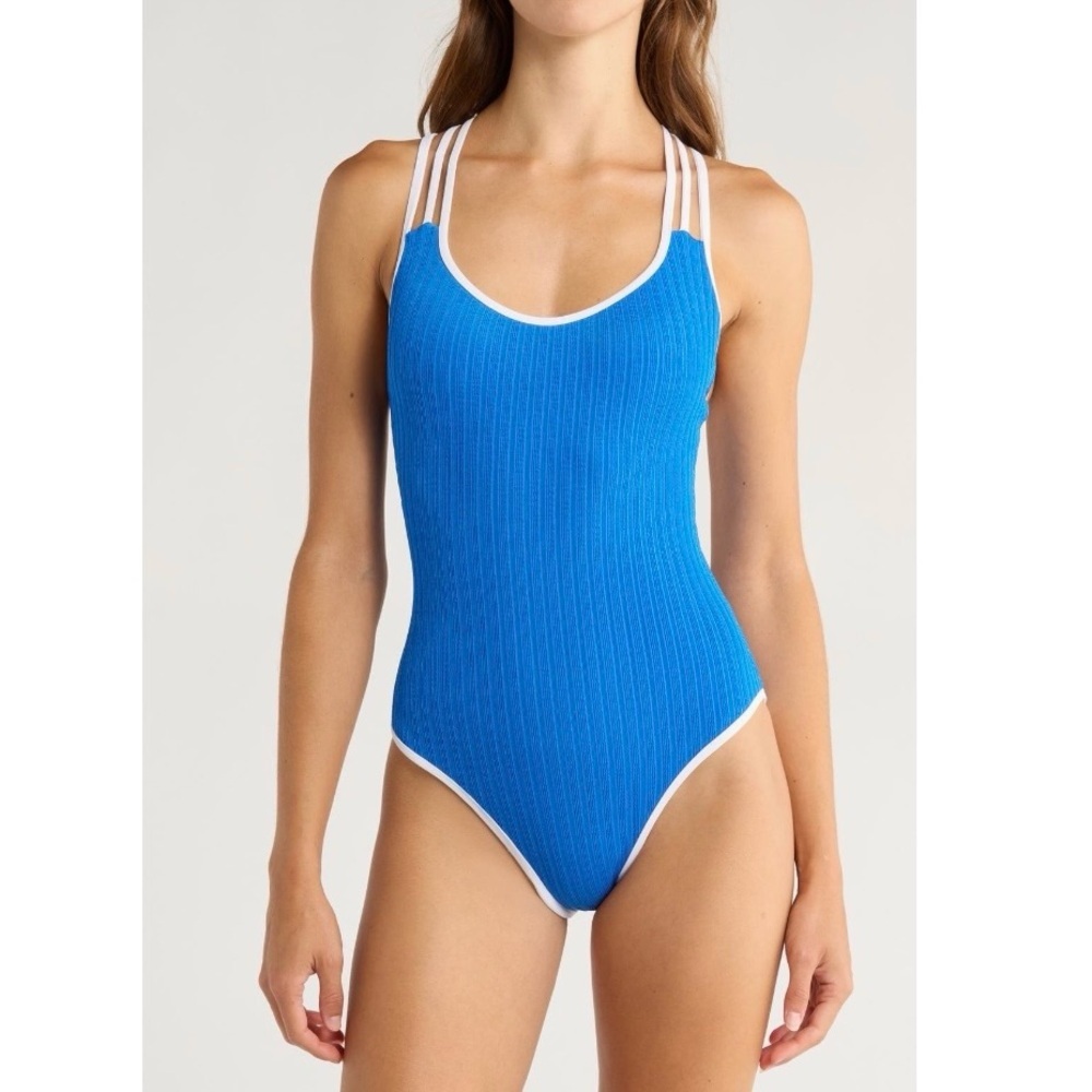 Becca Coral Crush One-Piece Blue Ribbed Strappy Racerback Swimsuit Size M